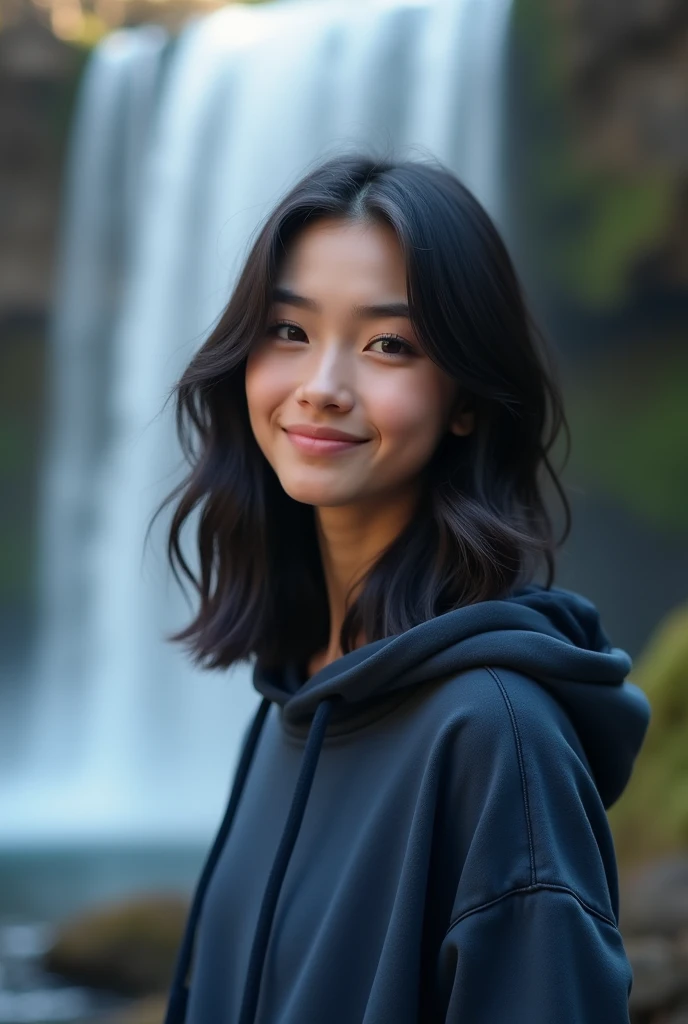    Real human photo, Fika is a young woman with shoulder length  wavy  black hair and fair skin. She has well-defined eyebrows, large black eyes, and a neutral expression on her face.  . Wearing plain dark blue  Hoodie , She is standing with happy expressi...