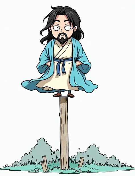  Standing on a Pole Wears a Blue Robe Wears a Bearded Man々Cartoon of a Nice Man ,  drawing with Photoshop ,  sitting,  He Has a Sword , Araki Hirohiko style , A picture of a man with a long beard holding a stick, inspired by the fall season of Tensho , hid...