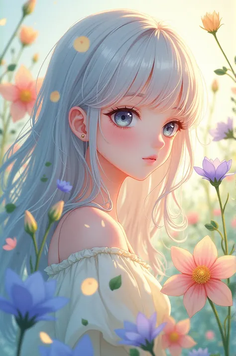 A highly detailed anime-style portrait of a character with soft facial features and expressive eyes, surrounded by a variety of colorful flowers in pastel hues (blue, yellow, green, and purple). The character has flowing hair that blends with the flowers, ...