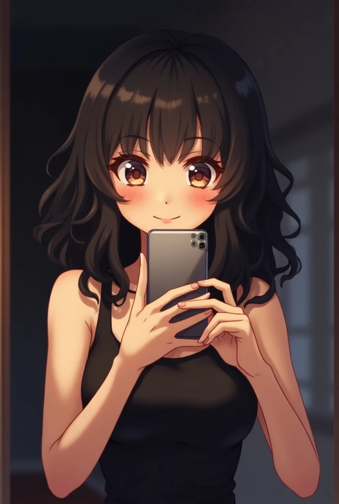 Girl with slightly longer than medium length black curly hair, smiling while doing a mirror selfie, wearing a sleeveless black top, with dim Background. Give her c-cup boobs. In anime style