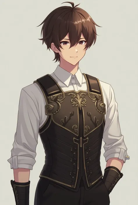  Create a young man with a dress shirt and half a breastplate, medium hair, anime-style brown  