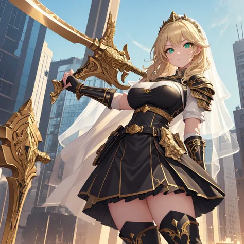 masterpiece, Best Quality,(((pure white short veil))),((Black princess knight leather armor with rich golden ornaments,Tall woman)), (huge breasts), Bust-length blonde ,wavy hair,Pale skin,Rin々A funny expression,(((Green Eyes,  detailed eyes))),Belt pouch ...