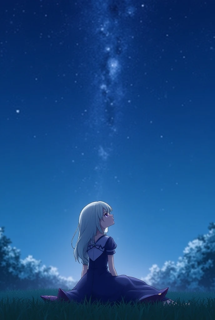 Wallpaper of Half-elf Emilia, who has silver hair and purple eyes, is sitting in a field with an emotional expression and looking up at the night sky in the dress Rizero wears