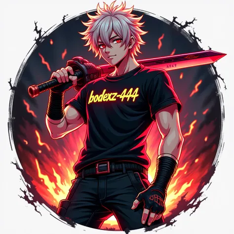 Anime boy with Reddish-White hair with red Neon eyes with BODEXZ-444 written on black t-shirt and black cargo pant .
And This is a gaming logo that features the name BODEXZ-444 in calligraphy font and Neon golden,  Neon red , Neon redish white and strong b...