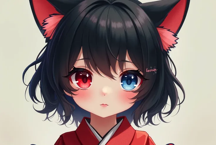 Lalafell,Bob,Black Hair, bangs,Red mesh on the tips of the hair,kimono,Red left eye,Blue right eye,Odd Eye, girl,Cat ears,