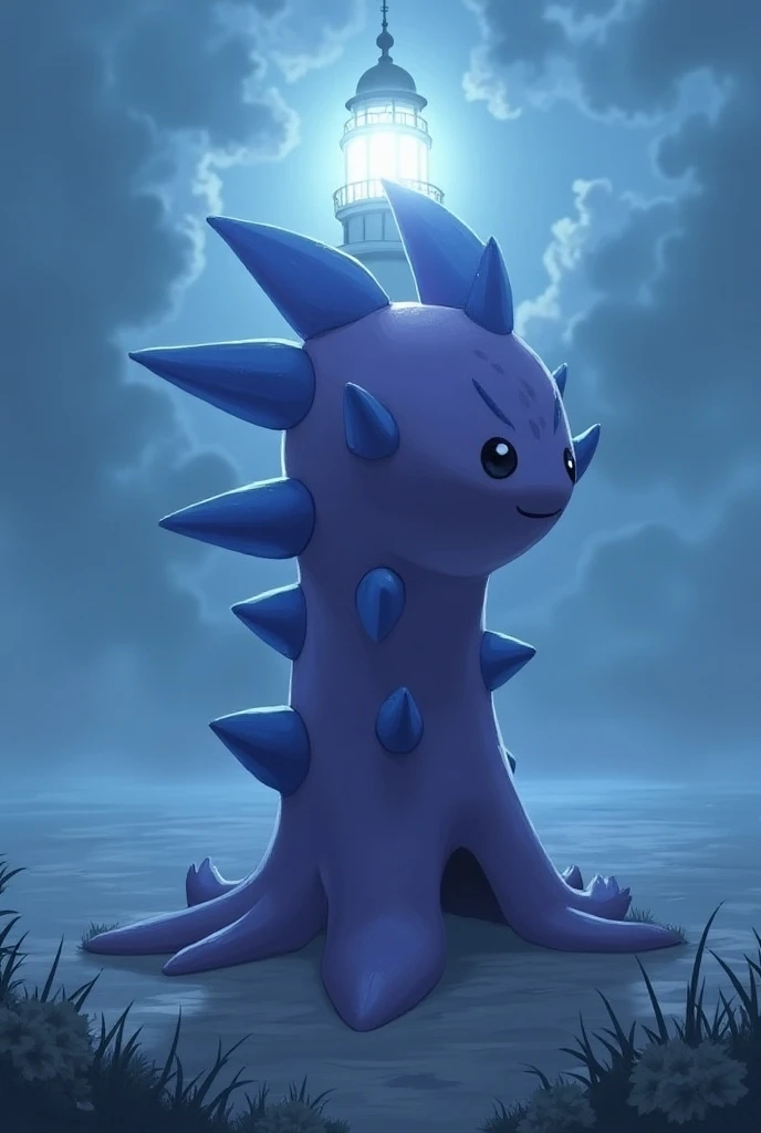 Create a mischievous , ghost and psychic type , strong pokemon that lives in an abandoned lighthouse , has blue spikes on its back and its color is purple. 