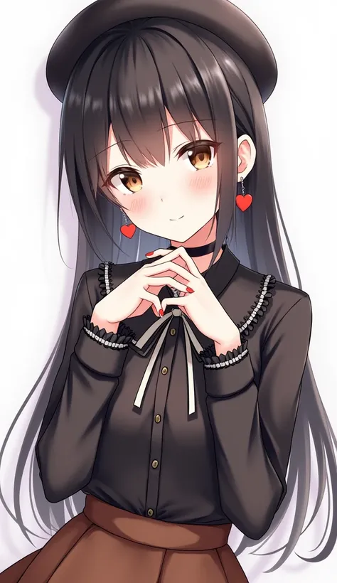 mayuzumi fuyuko, 1girl, solo, black hair, hat, jewelry, long hair, looking at viewer, bangs, earrings, skirt, white background, smile, shirt, simple background, heart earrings, long sleeves, heart, black headwear, black shirt, frilled choker, breasts, brow...