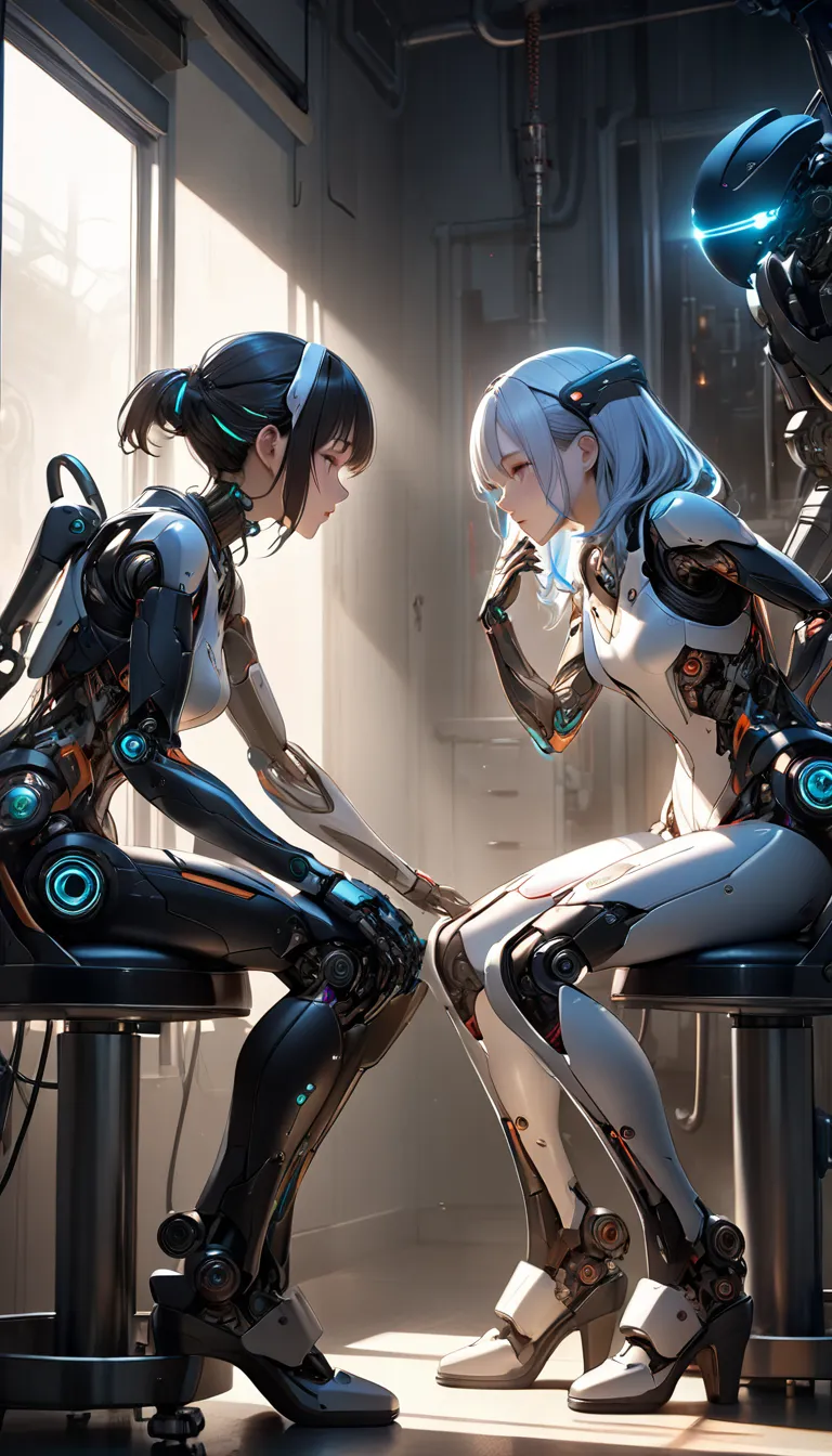 In a dark and eerie mechanical clinic two realistic androids sit in chairs as their face parts are swapped, The scene highlights the moment of face exchange with mechanical arms delicately handling the intricate operation, The clinic is dimly lit casting s...