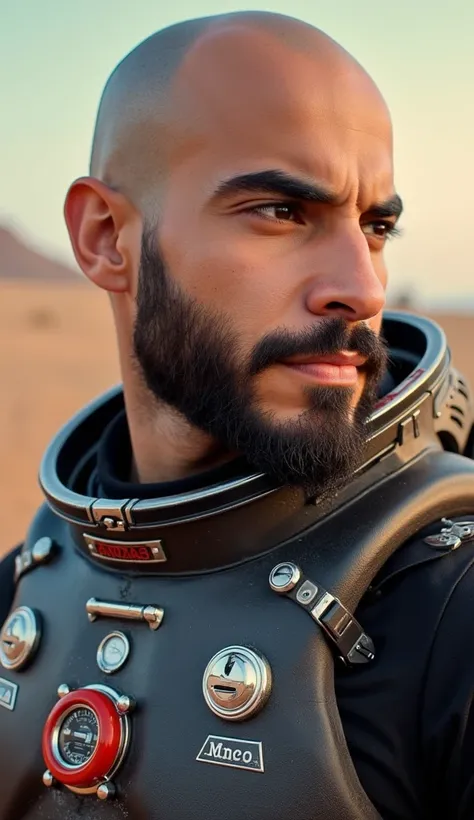 masterpiece, highest quality, high resolution, photorealistic, raw photo, extremely detailed CG, 8k wallpaper, striking presence, confident and captivating, perfect proportions, strong build, young bald man with a beard, Brazilian, tall (1.83m), large fram...