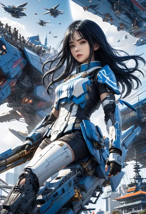  Digital Cyberpunk Art 、８k、 very detailed on playground equipment、Japanese woman with long black hair and blue and white Valkyrie battle armor and flies over a space battleship