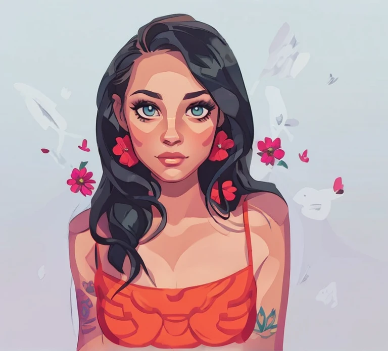 highly detailed and stylized digital illustration featuring a woman with long, flowing black hair adorned with intricate floral ...