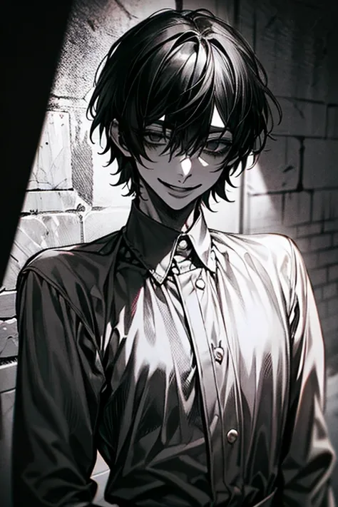 masterpiece, best quality, detailed, ultra detailed、High detail、upper body、Dark back alley、 Gloomy Atmosphere 、Young Man、Black hair habit, short hair with loose hair、 dark eyes、 arc smile、Wearing a simple white long-sleeved shirt、Horror atmosphere