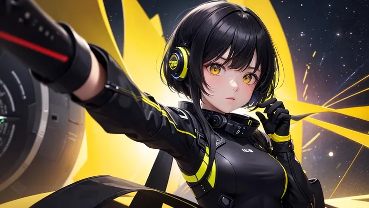 from future intelligence, technology background, complex mission, sudden mystery, unexpected result, unknown variables, strange data, confident look, space black pioneer dress, yellow eyes, black hair