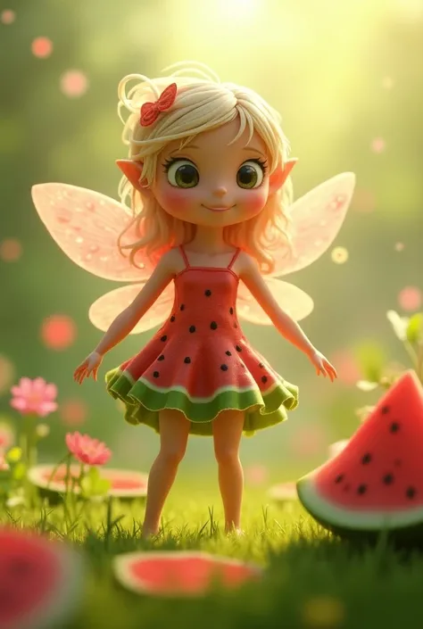 Watermelon Fairy，Cute atmosphere，summer，Innocence，High quality and detailed depiction．