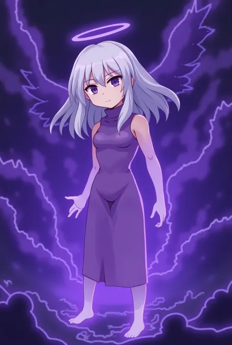 Create a Pokemon with a purple aura ,  in a humanoid shape like an angel ,  with white hair and a large dark aura.