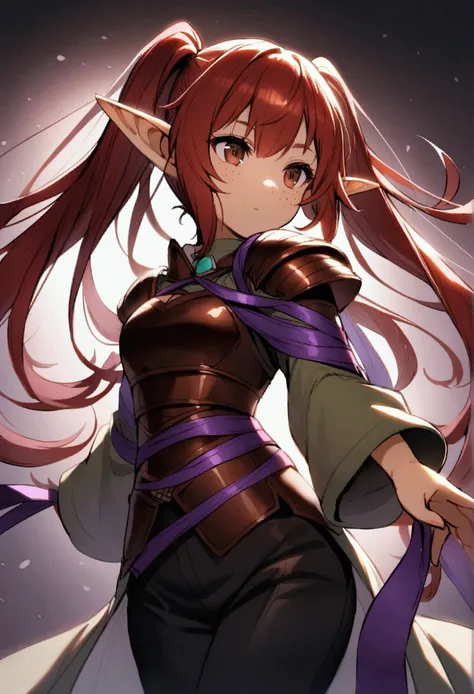 Half elf girl , with elf ears, with brown eyes, with red hair,  face is slightly elongated , Like the Elves, Light skin,  but with freckles on her face .  on her head, two pigtails over loose hair ,  woven into ribbons .  pants ,  dressed in leather armor ...