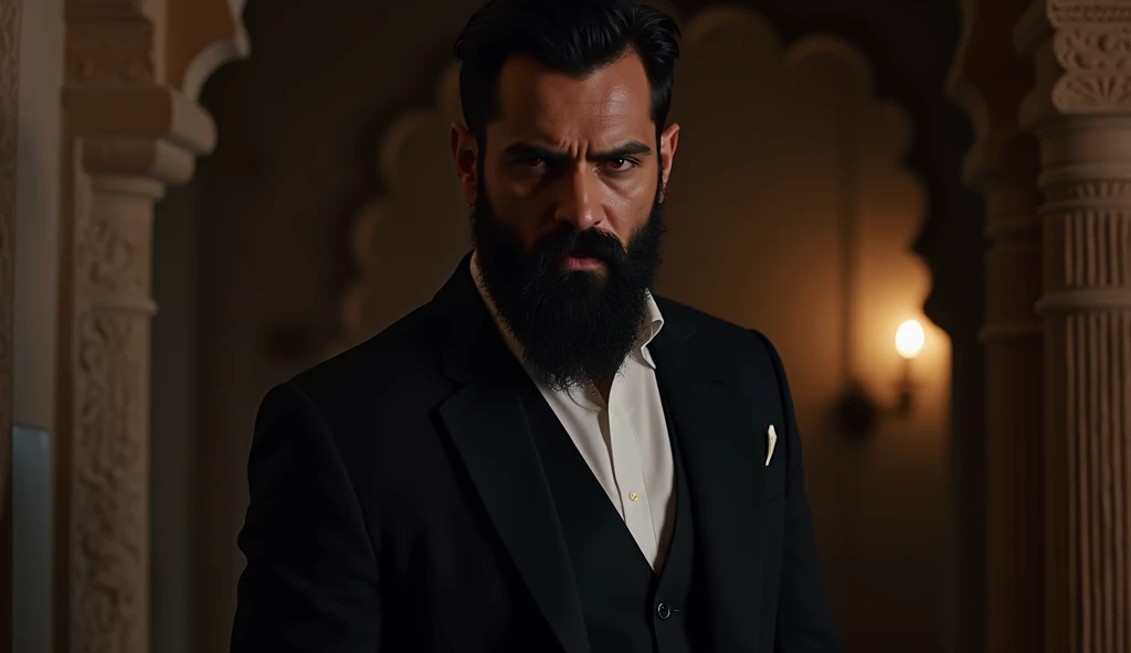 In rajastan indian man with 7ft height and full broad chess and sharp jawline hunter eyes and big Beard light fair in color having a dress black suit and it should be smart handsome and creepy angry man and indian  bit he should look like a vampire it look...