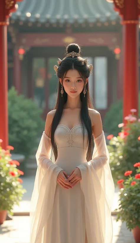 A Chinese princess, a woman with long straight hair, wears a white Chinese dress with elegant, simple long shoulders, lots of hair ornaments, in a palace with flowers, looking at the camera 