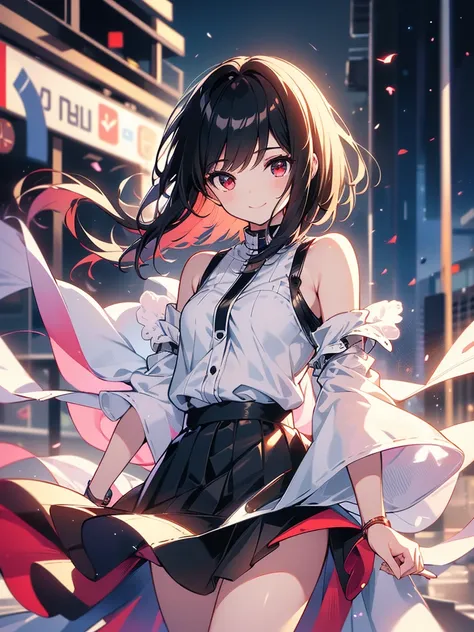 masterpiece, highest quality, highest quality, (no text), Beautiful and aesthetic:1.2),no text,anime、break,anime、break、 one girl、 Dark Haired Girl Short Hair 　 Slit Eyes Boyish 　adult　 beautiful eyes　red eyes, cool smile　Shoulder　skirt　 White blouse　black ...