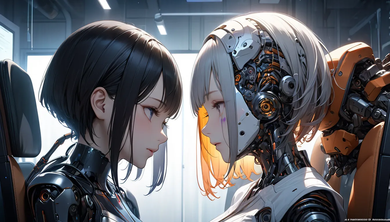 In a dark and eerie mechanical clinic two realistic androids sit in chairs as their face parts are swapped, The scene highlights the moment of face exchange with mechanical arms delicately handling the intricate operation, The clinic is dimly lit casting s...