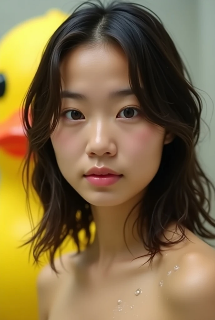 Realistic Photo asian girl From the school cover phone selfie close face is long bob hair wet from the shower water big duck in background 