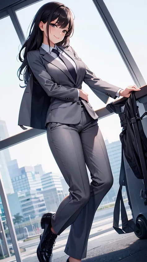 sexy woman in grey pantsuit　tie　smile　 high resolution on down　High image quality　