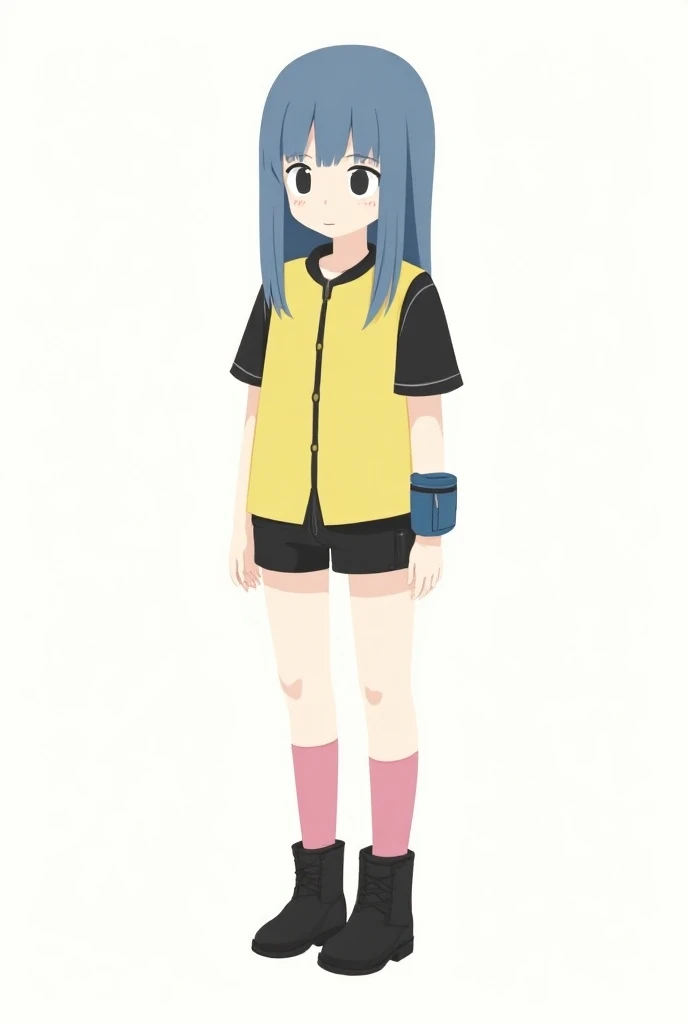 

"A full-body illustration of a girl with straight, medium-length blue hair with bangs, wearing a yellow vest with black sleeves as part of the vest design. She has minimal facial details, with two simple whisker-like lines on each cheek. She is dressed i...