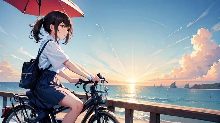 bicycle two seater couple date uniform summer clear sky seaside