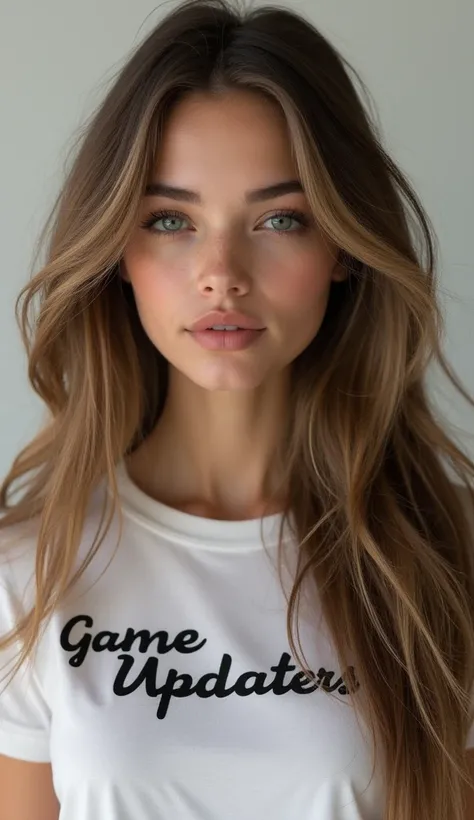 Create  beautiful british long hair girl with tshirt printed as gameupdaters 