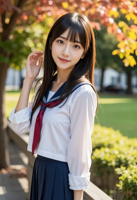  (masterpiece, Best Quality:1.2),  1 girl, Alone, cute, ( idol style super cute face:1.2)、  Beautiful Japanese High School Girl 、young,  sexy,  double eyelid big eyes , (White Sailor School Uniform ,   navy blue pleated skirt:1.2), smile,   very detailed f...