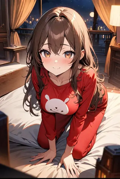 masterpiece, ultra detailed, best quality, illustrations, detailed night bed scenery, detailed beautiful anime girl, kneeling crawling, detailed brown hair, long hair, detailed beautiful face, detailed brown eyes, detailed sweet look, detailed sweet smile,...