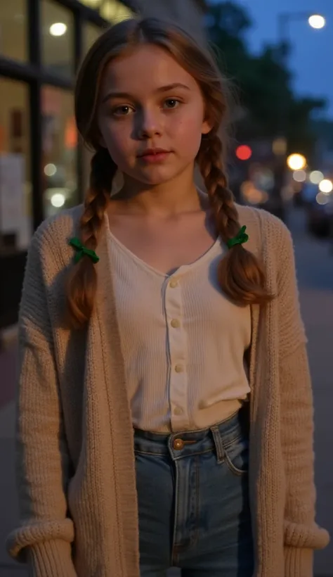 Lila Sawyer, teenager, Caucasian. Her hair has two braided pigtails with green hairbows at each end. Lila’s face is delicately shaped with light olive skin, giving her a charming, angelic look. She has freckles on her cheeks. Her big, kind hazel eyes add a...