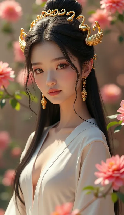 A Chinese princess, a woman with long straight hair, wears a white Chinese dress with elegant, simple long shoulders, an abundance of golden swan-shaped hair ornaments, in a palace with flowers, looking at the camera 