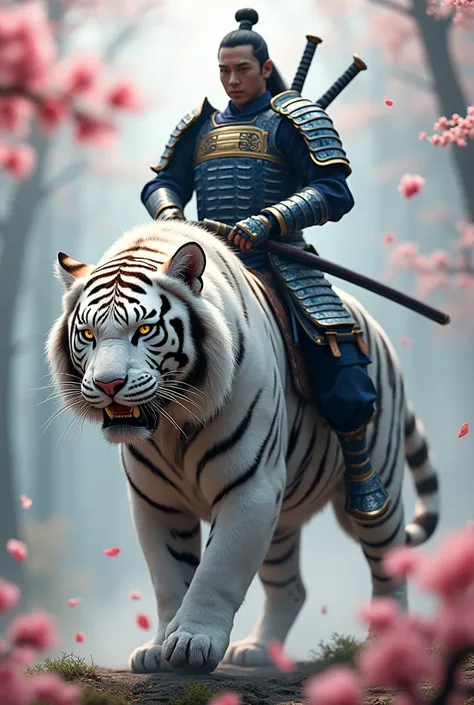 Create an epic fantasy scene featuring a majestic white tiger, adorned in intricate armor, with a powerful samurai warrior riding on its back. The samurai is dressed in traditional Japanese armor with blue and silver accents, carrying dual katanas strapped...