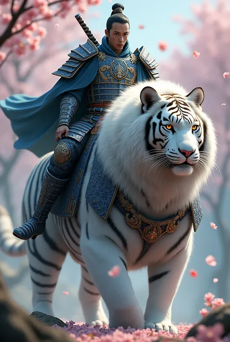 Create an epic fantasy scene featuring a majestic white tiger, adorned in intricate armor, with a powerful samurai warrior riding on its back. The samurai is dressed in traditional Japanese armor with blue and silver accents, carrying dual katanas strapped...