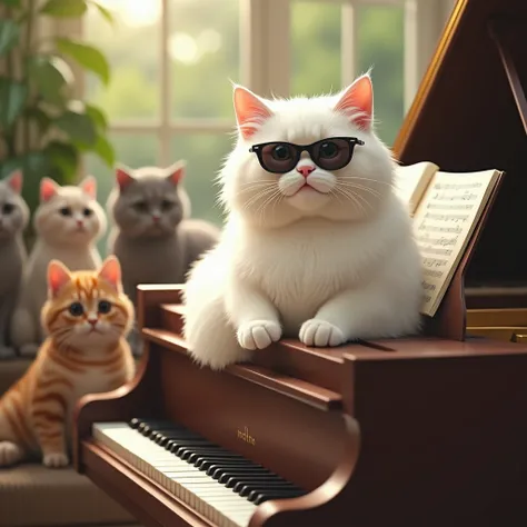 A plump white cat wearing sunglasses that plays classical music for pets