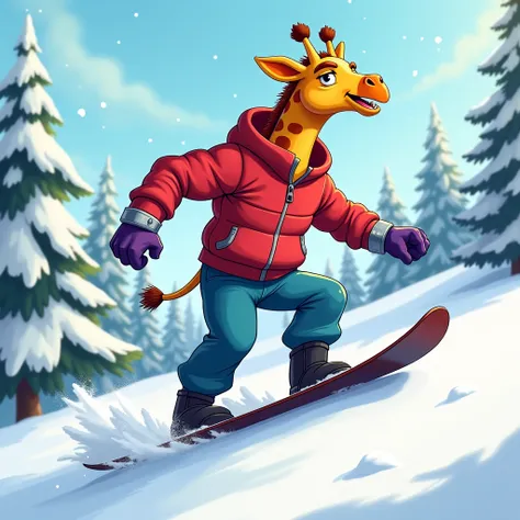 Yellow muscular giraffe furry jock in silver bracelets, wearing blue pants , wearing a red zippered winter jacket , wearing black boots and purple gloves, he snowboards through the winter forest in cartoon style 