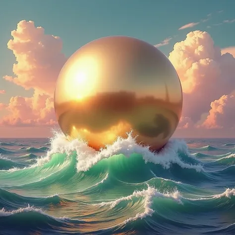 A giant golden sphere rests on churning turquoise waves as clouds drift by in a peaceful sunset sky.

The picture depicts a large, golden sphere resting on top of turquoise waves in a vast ocean. The sphere is perfectly round and smooth, reflecting the gol...