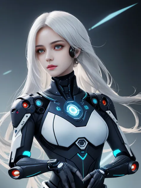 High definition photography, Hacker, bright face , Teenage girl, pretty white skin, Beautiful breasts, longhair, cyberware, tech-gear, Suit-futuristic, colorfulstyle, 