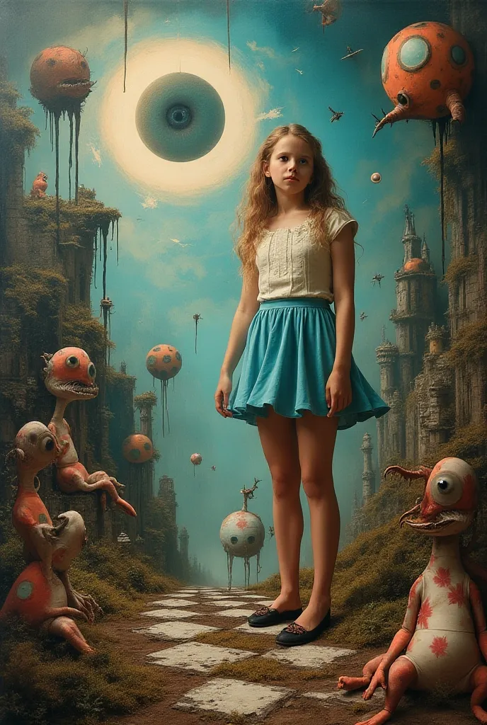 In the middle of the image is a portrait of Alice\(Alice in Wonderland,, wondering\),(  light blue short skirt) in the world everything is wrong, A Mad Tea-, wrong perspective, wrong distance, very out of balance, psychedelic world, time interval is wrong, up-down relationship wrong,The direction of gravity is not correct, the relationship between light and shade is wrong, the shadow of Alice is in a different pose, work by Salvator Dali, collage of realistic photographs, planar expression, many strange creatures,Very flat world,Surrealism, Trompe l'oeil,Apply a squishy distorted filter,Rorschach test picture, high res