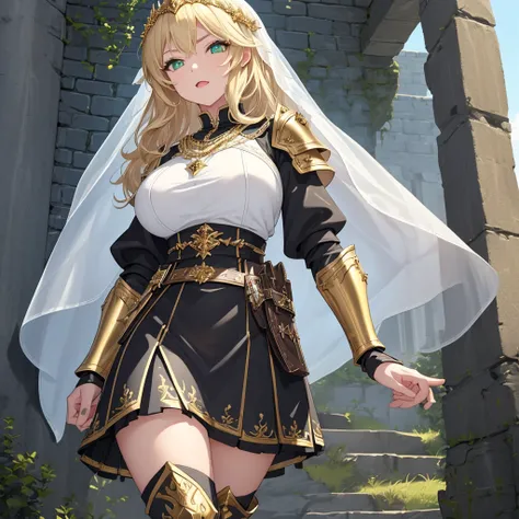 masterpiece, Best Quality,(((pure white short veil))),(( black princess knight leather armor with rich gold decorations,Tall woman)), (huge breasts), Bust-length blonde ,wavy hair,Pale skin,Rin々A funny expression,(((Green Eyes,  detailed eyes))),Belt pouch...