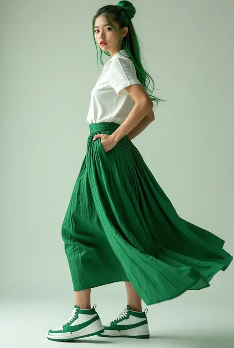  an indo hottie wearing a white blous outfit ,, long green crincle skirt  ,,Jordan shoes white green  ,, hair in a bun up the color iridescent green 