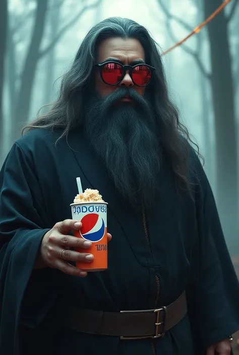 Create image of baba having big beard long hair wearing black stylish goggle having pepsi chuski 