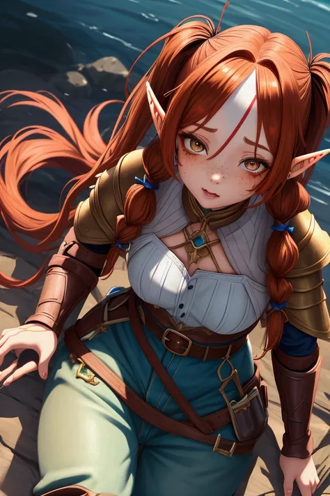 Half elf girl , with elf ears, with brown eyes, with red hair, On the head Two pigtails , over flowing hair ,  woven into ribbons ,  face is slightly elongated , Like the Elves, Light skin,  but with freckles on her face .   pants ,  dressed in leather arm...