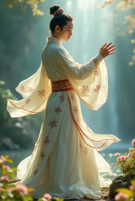 A beautiful men wearing hanfu while dancing 