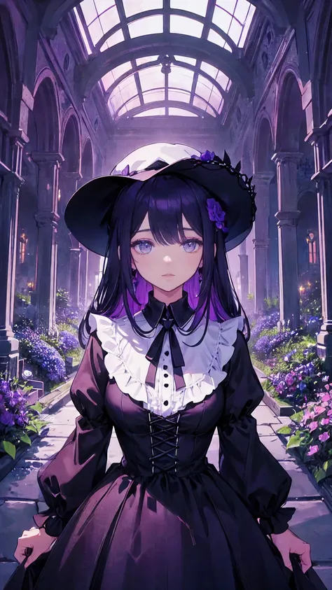 ネオゴススタイルの   girl, Wearing a black dress and a white collar,  Wearing a black hat  、 with heavy makeup ,   Shes standing in an enigmatic garden   、Surrounded by vines   .  dark purple flowers are in full bloom in the garden   .、Gothic architecture in the ba...