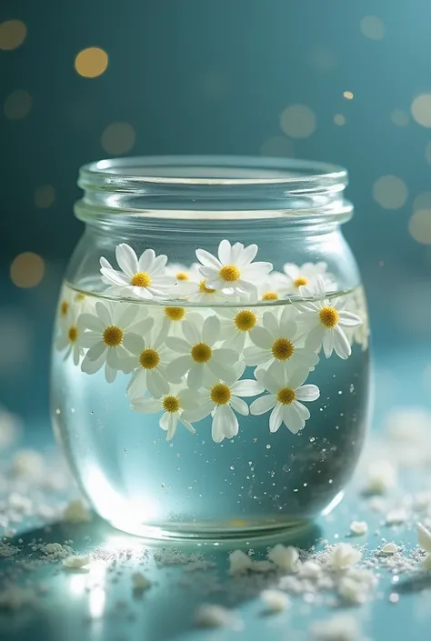 Macro close-up shot: A delicate collection of small,   white flowers floating inside a crystal-clear glass jar, creating an ethereal and serene scene. Soft, diffused lighting highlights each petal, giving the flowers a gentle glow. The camera slowly rotate...