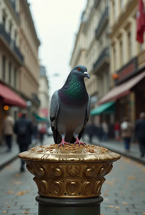 A pigeon sits on an expensive hatch and a beautiful hatch on the street and bites seeds on it