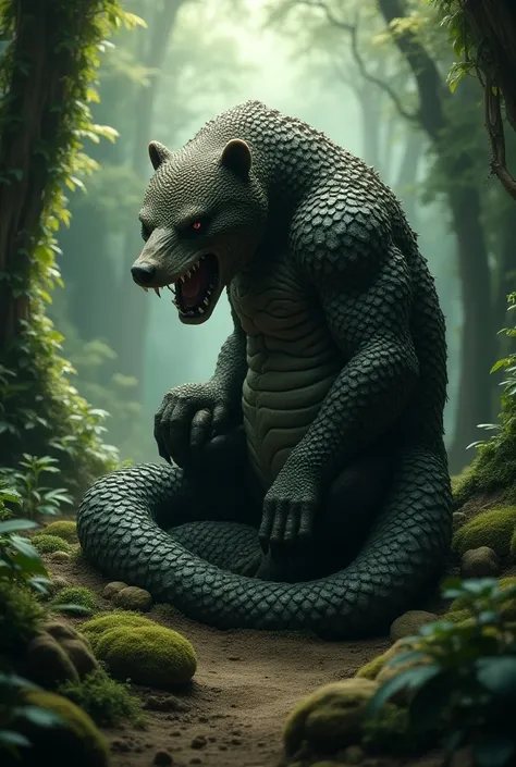 An imposing creature, coiled and poised to strike, with the body of a snake and scales resembling a bears thick fur. The creature’s massive, muscular form blends the two animals in an otherworldly hybrid. Its scales are a patchwork of dense, fur-like textu...