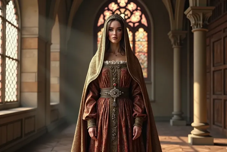  High Middle Ages  (1200 n .e.):  Noble lady in a long-sleeved funnel dress,  ornate belt ,  pointed headdress with veil ,  heraldic patterns on fabric ,  medieval castle interior , stained glass windows,  looking at the camera 
